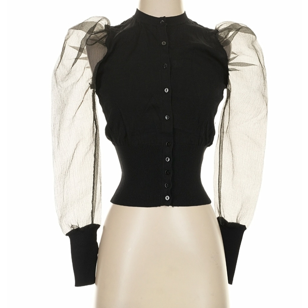 NWT Zara Black Sheer Sleeve Button-down Top - Picture 2 of 5